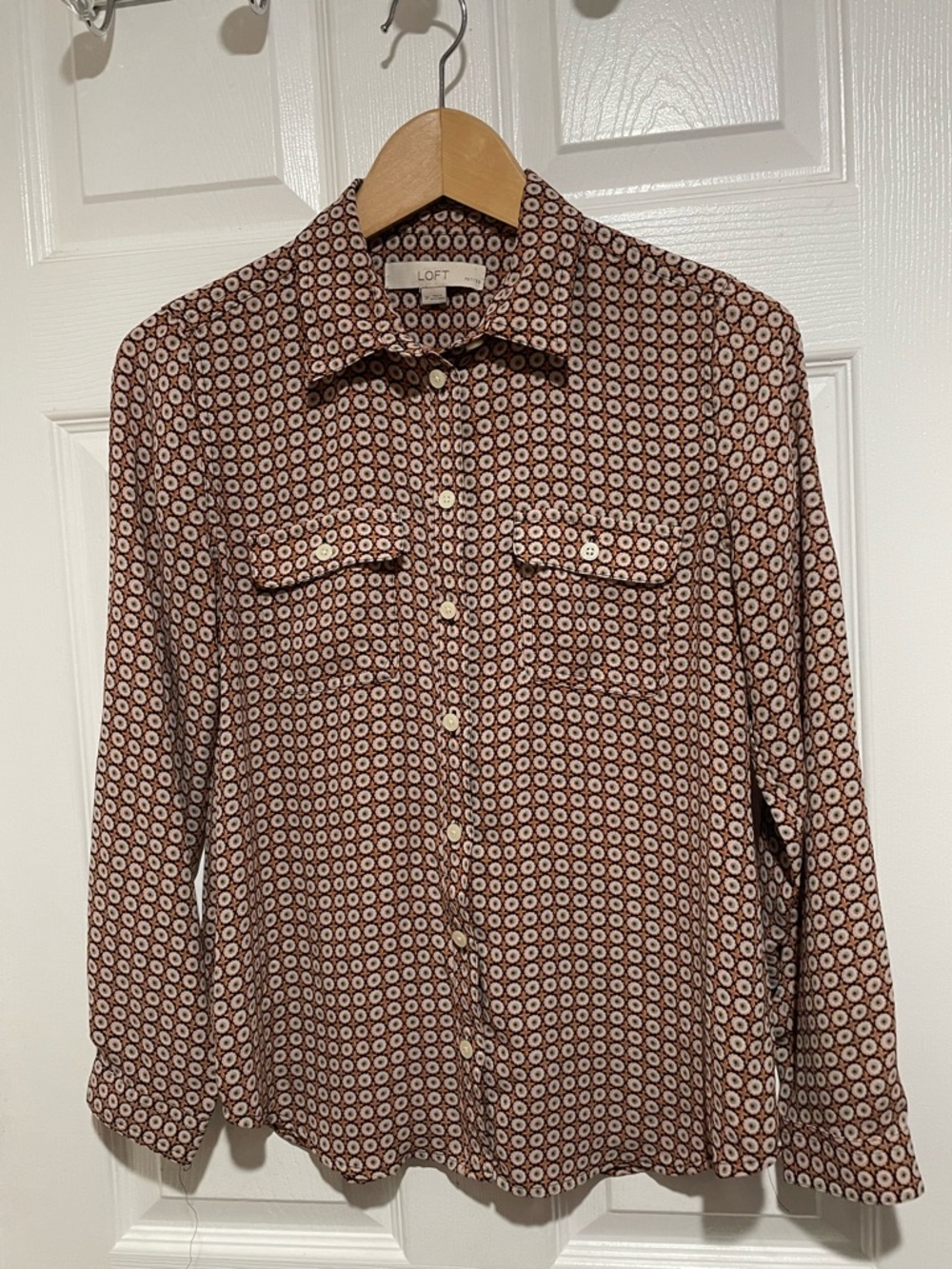LOFT Brown & Cream Printed Button-Front Blouse